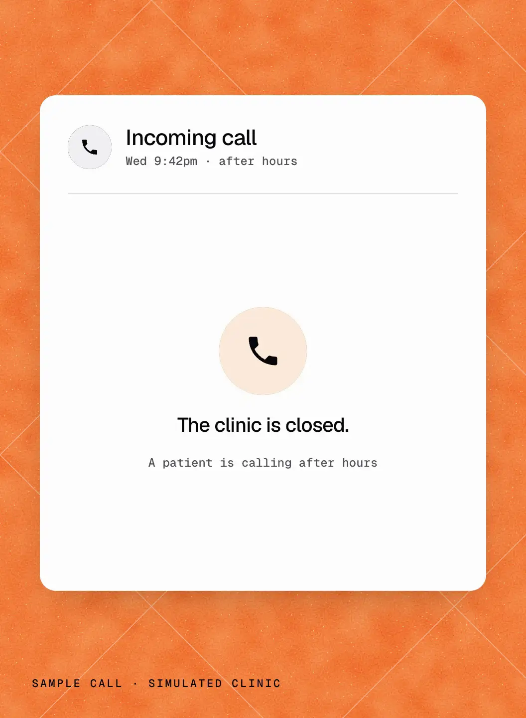 Sample call, simulated clinic: an after-hours call is answered, yumee looks up the clinic's new-patient visits, checks the practice system for this week's times, writes a Thursday 8:15am initial assessment into the clinic's calendar, and the booking is confirmed by SMS.